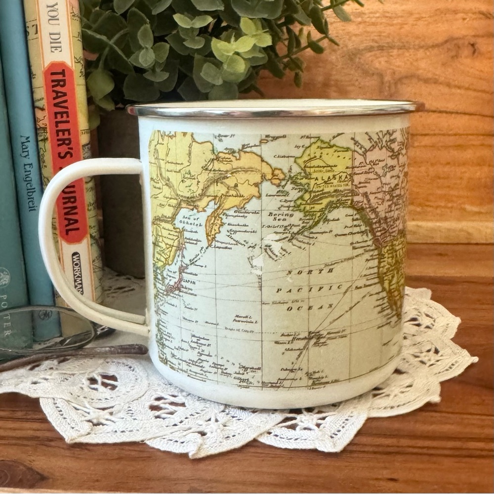Gift Republic Globe World Map Enamel Coffee Mug Silver Rim Camping Rustic Travel
